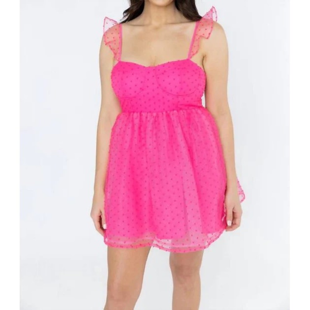 Buddy Love Vixen Hot Pink Swiss Dot Mesh Mini Dress NWT Small Sweetheart Ruffle